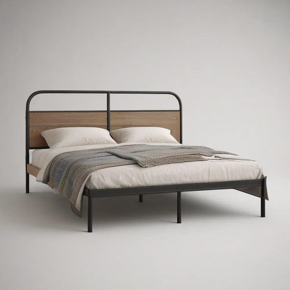 Cama de Casal 160 x 200 cm em Aço Preto com Cabeceira de Pinho Castanho