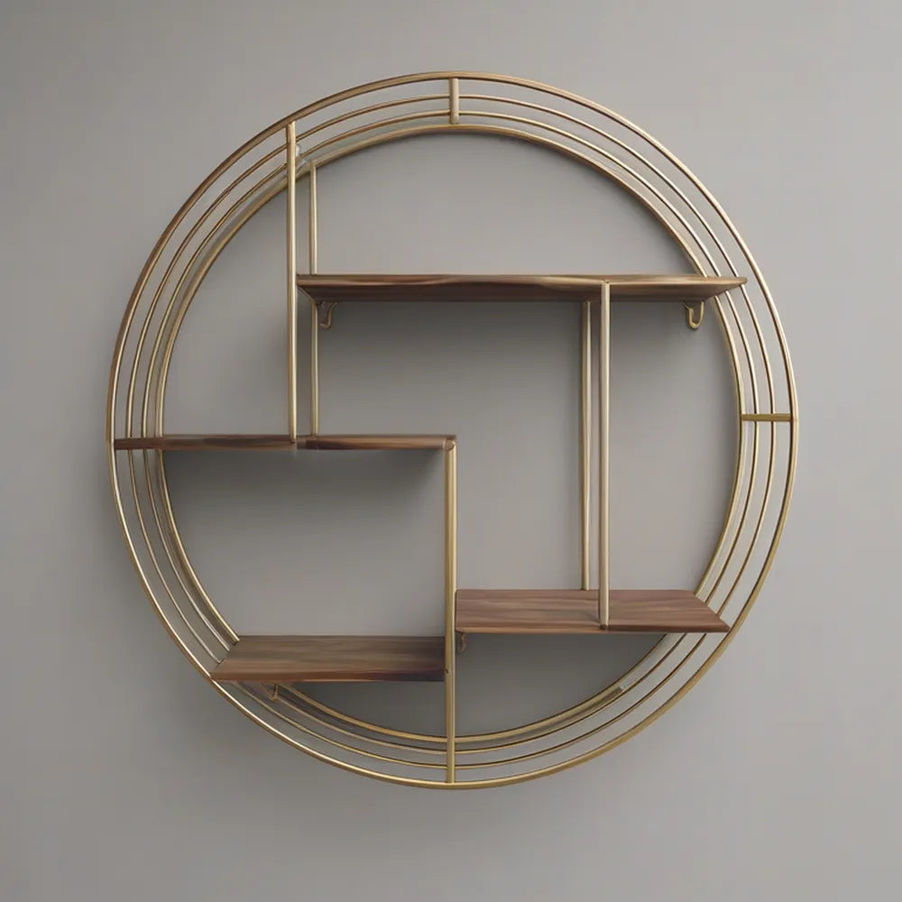 Estante de Parede Circular em Aço e MDF, Dourado e Castanho Nogueira, 80 x 15 x 80 cm