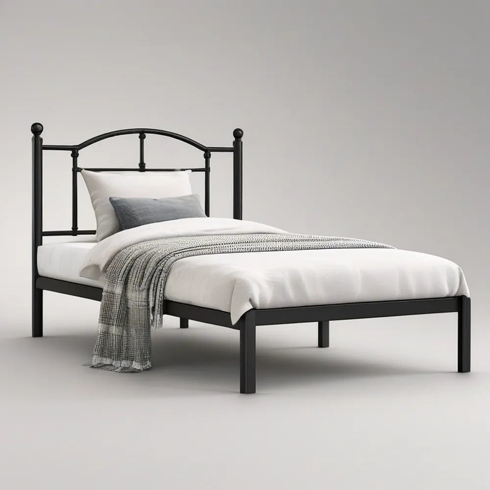 Cama Individual em Aço Preto 90 x 190 cm com Cabeceira Arqueada