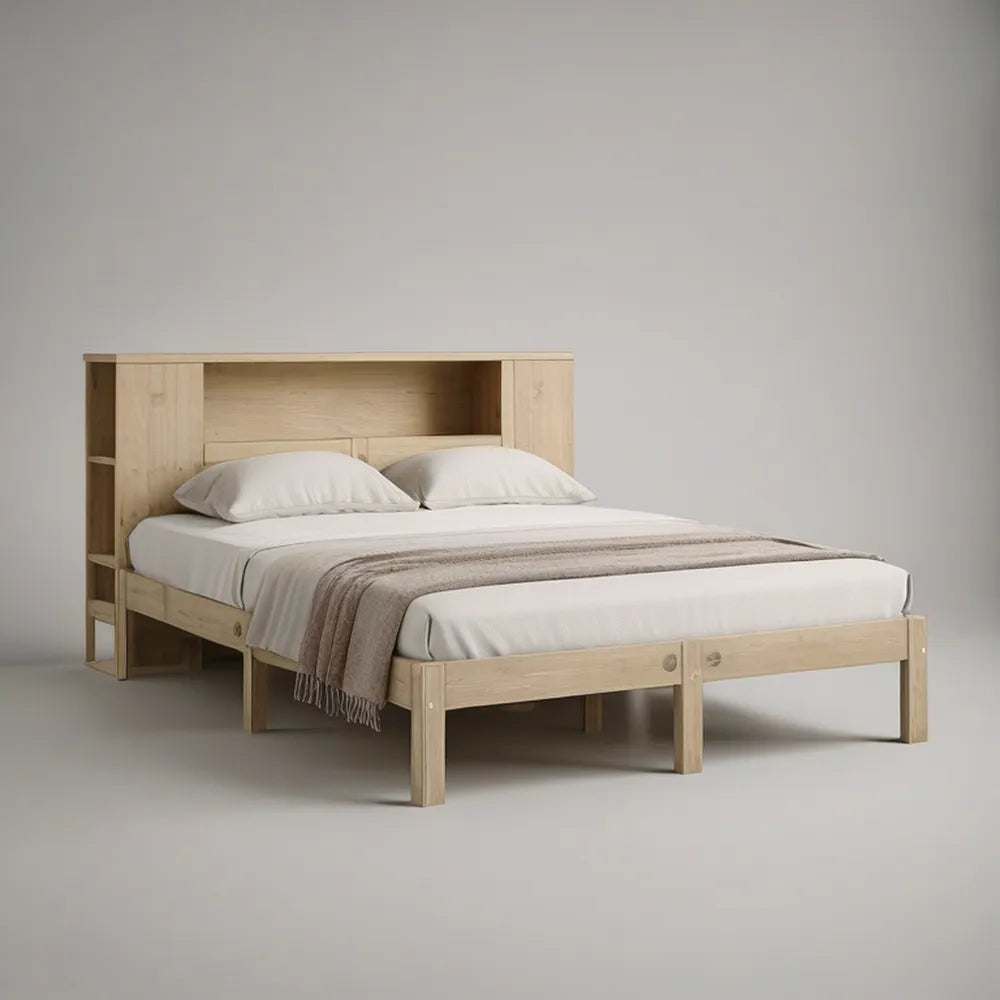 Cama de Casal em Pinho Maciço Natural com Cabeceira e Prateleiras, 160 x 200 cm