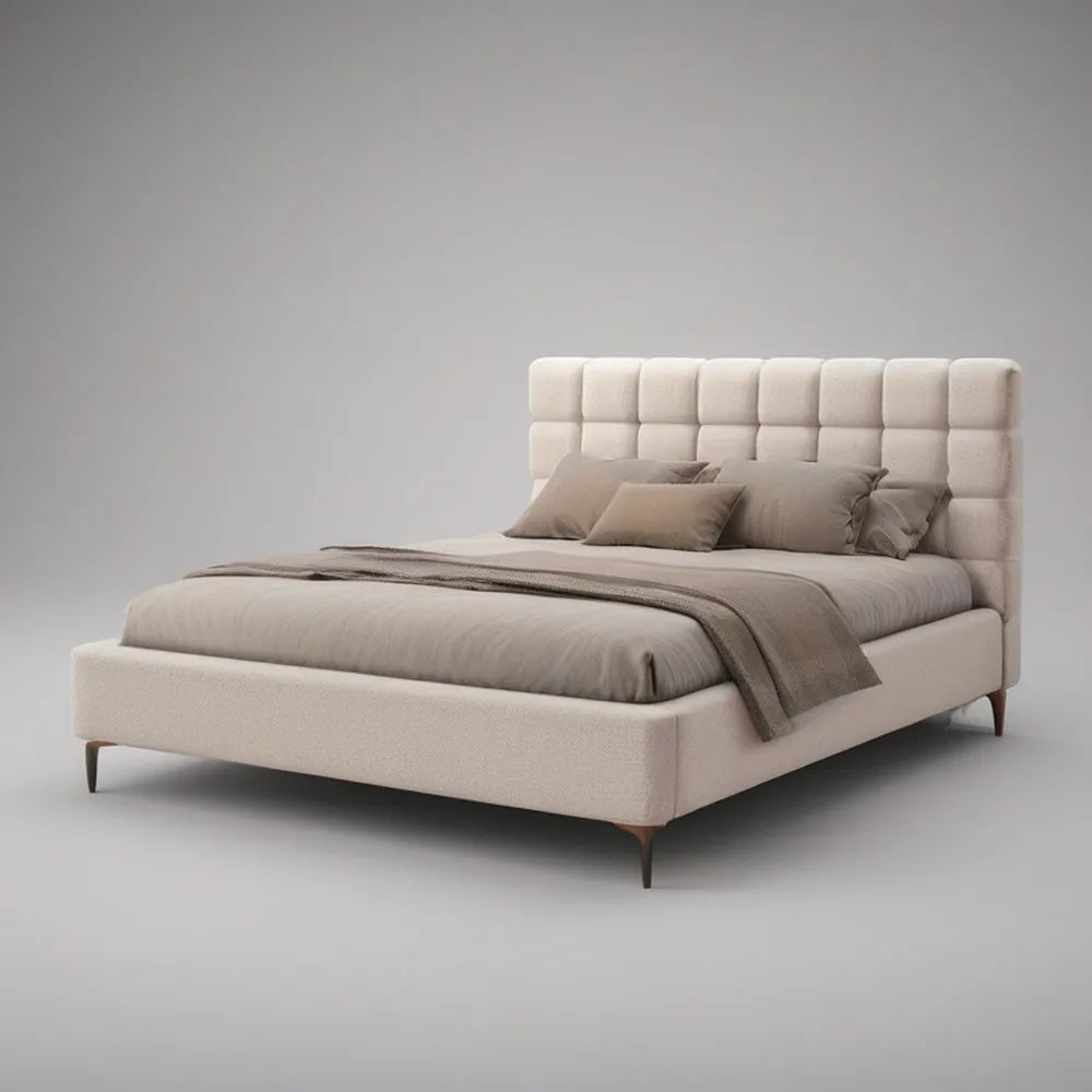 Cama de Casal Estofada Bege 160 x 200 cm com Cabeceira Acolchoada