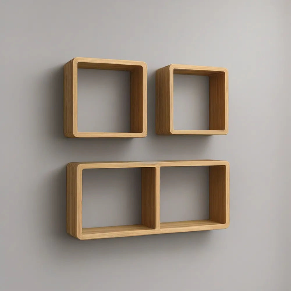 Conjunto de 3 Nichos de Parede em Bambu Natural, 2 x 30 x 30 x 12 cm e 1 x 60 x 30 x 12 cm