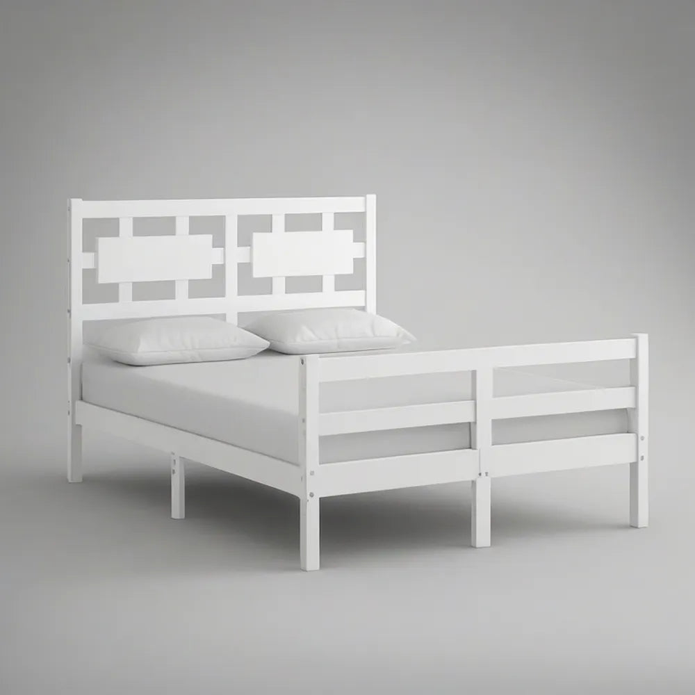 Cama de Casal em Pinho Maciço Branco 140 x 200 cm com Cabeceira Geométrica