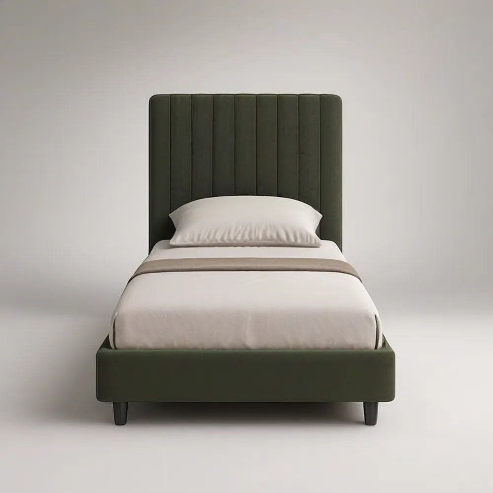 Cama Individual Estofada em Veludo Verde-escuro para Colchão 90 x 190 cm, 100 x 205 x 120 cm