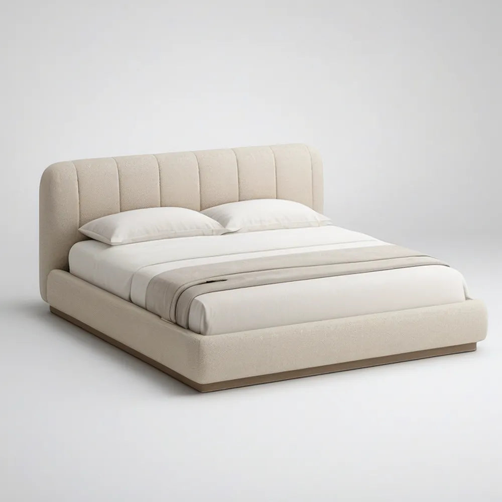 Cama Estofada Bege para Colchão 160 x 200 cm com Cabeceira Curva