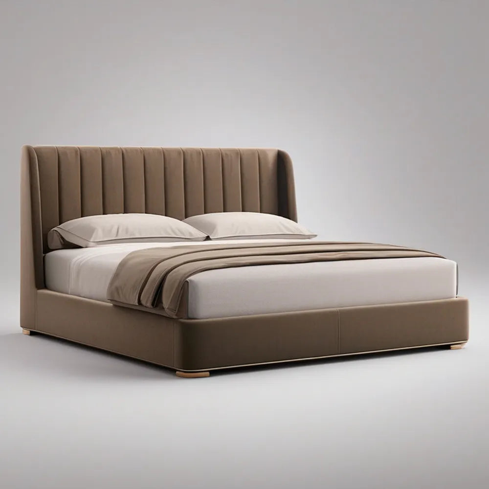 Cama Estofada Castanho-Taupe com Cabeceira Canelada em Veludo, para Colchão 160 x 200 cm