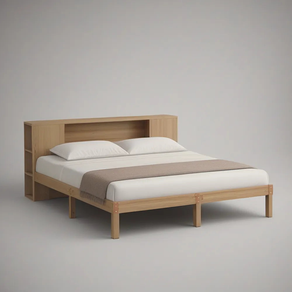 Cama de Casal 160 x 200 cm com Cabeceira e Arrumação em Carvalho Natural